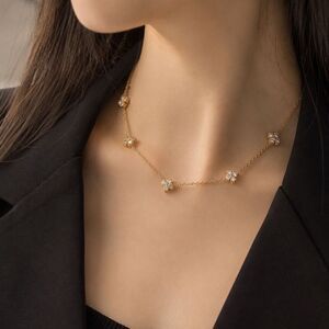 Gold Tone Clover Crystal Station Necklace Dainty Floral Chain Alhambra Style